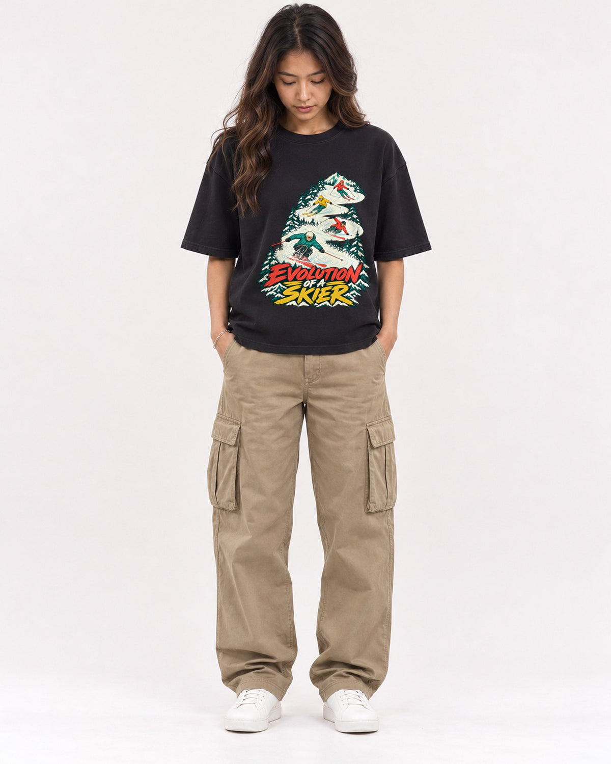 Mockup Boxy Heavyweight Tee Black female full-body 02