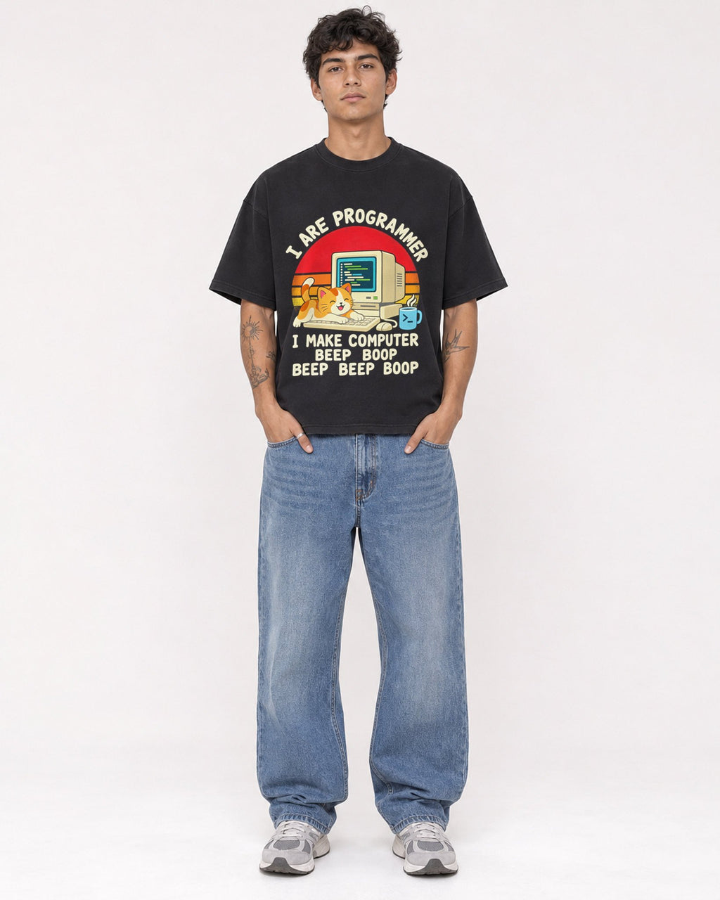 Mockup Boxy Heavyweight Tee Black male full-body 06