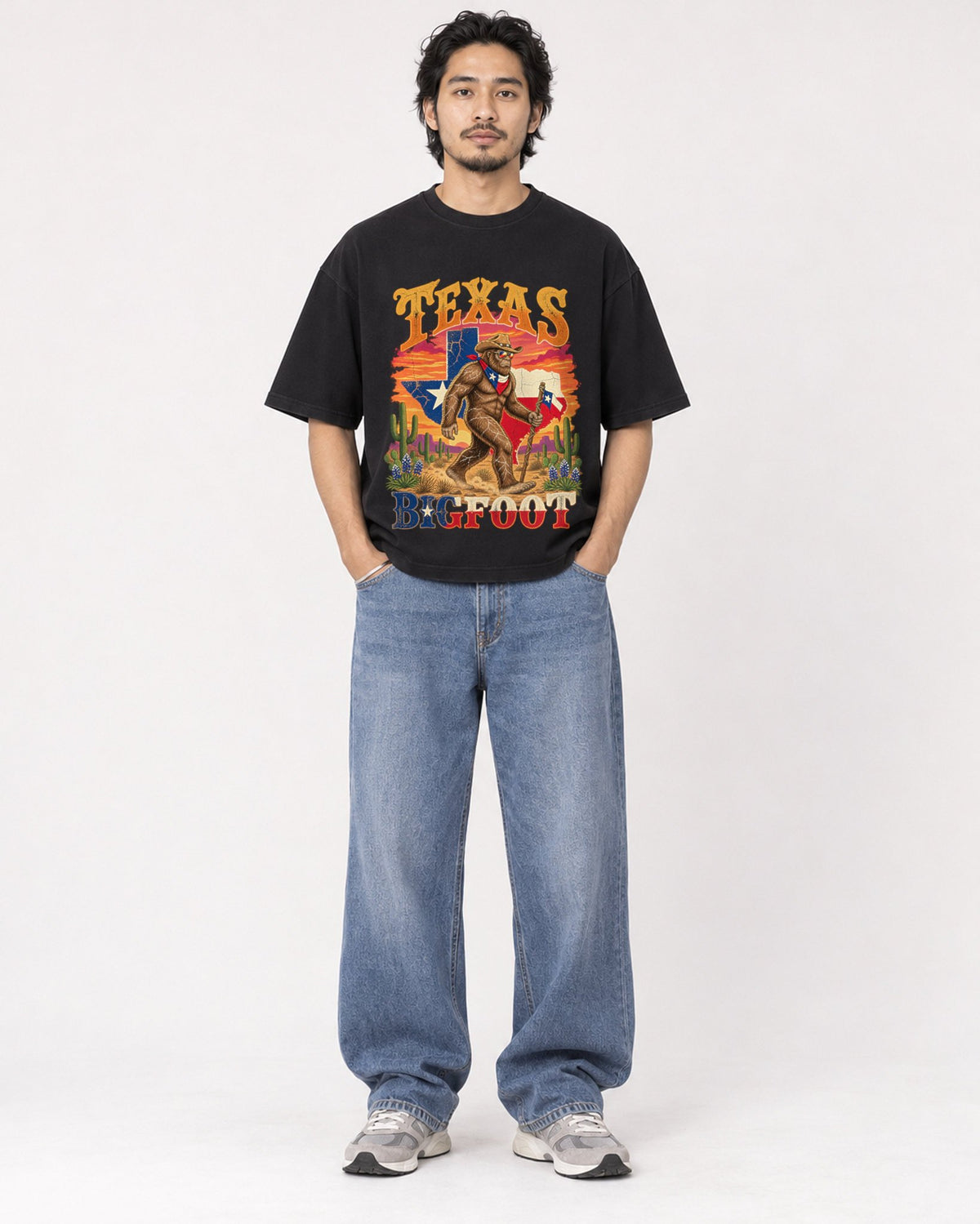 Mockup Boxy Heavyweight Tee Black male full-body 22