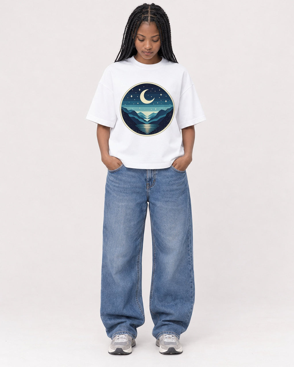 Mockup Boxy Heavyweight Tee White female full-body 45