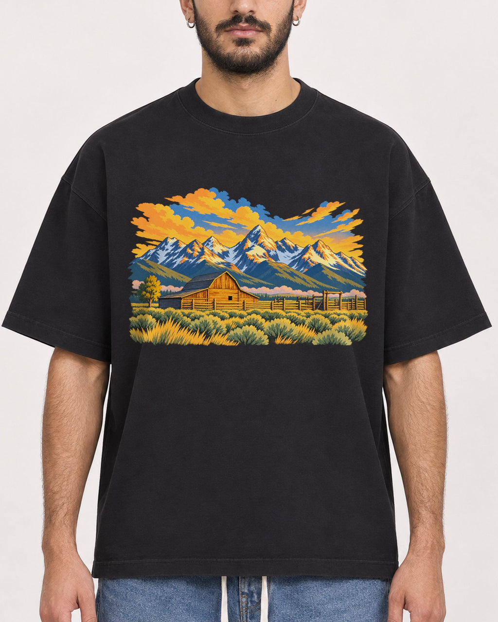 Mockup Boxy Heavyweight Tee Black male close-up 07