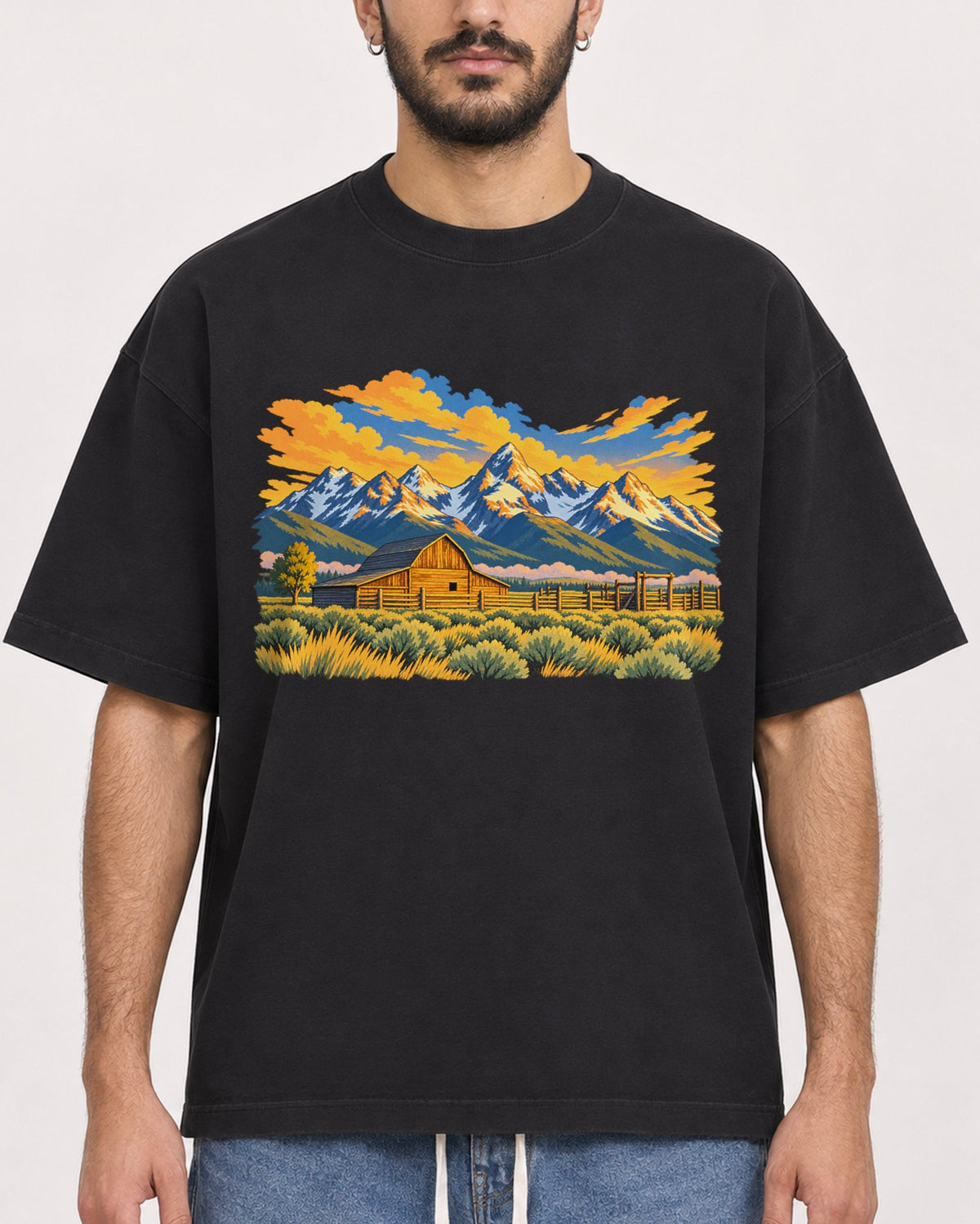 Mockup Boxy Heavyweight Tee Black male close-up 07