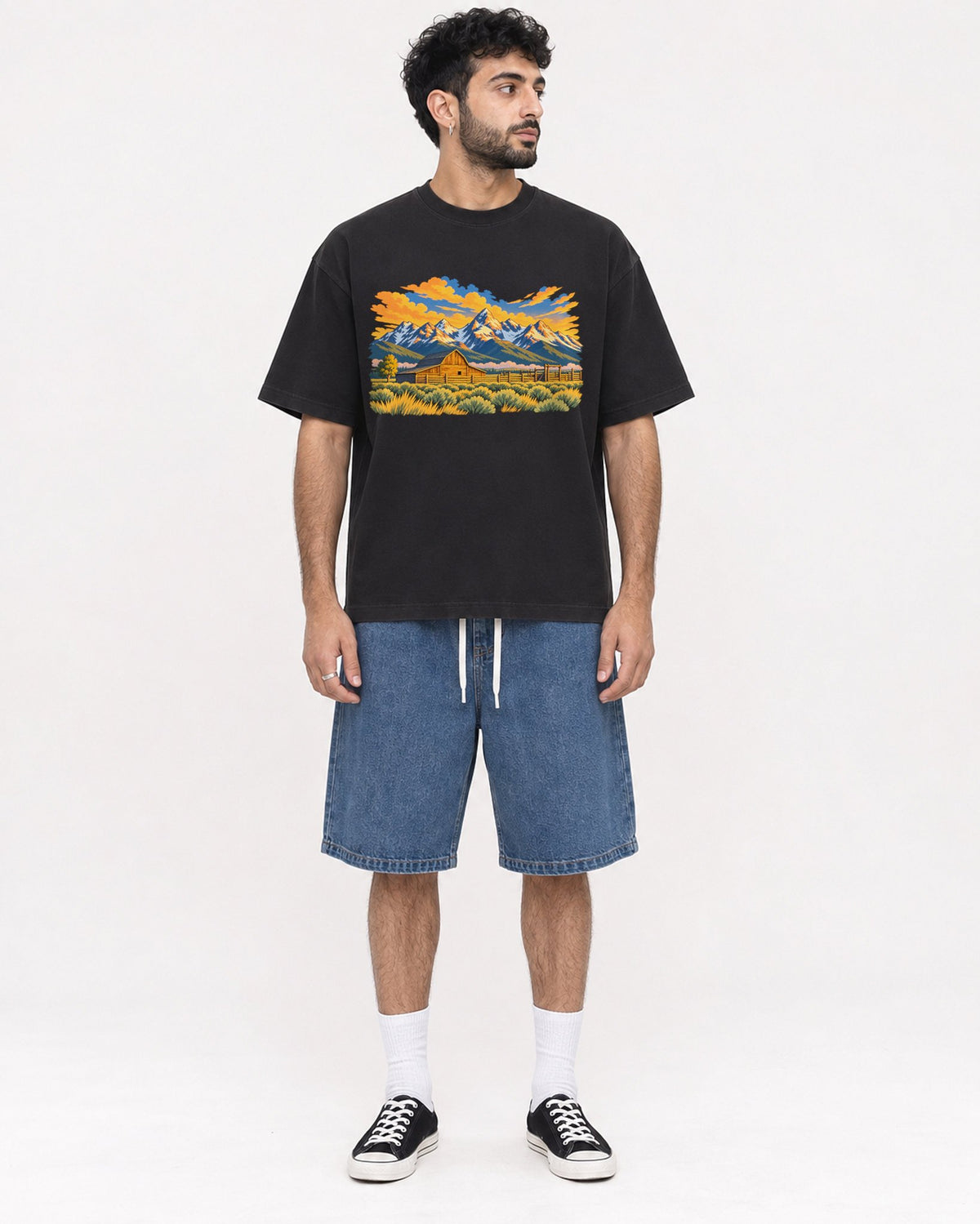 Mockup Boxy Heavyweight Tee Black male full-body 07