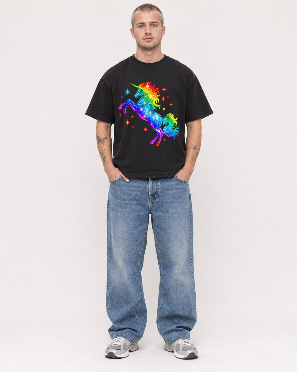 Mockup Boxy Heavyweight Tee Black male full-body 18