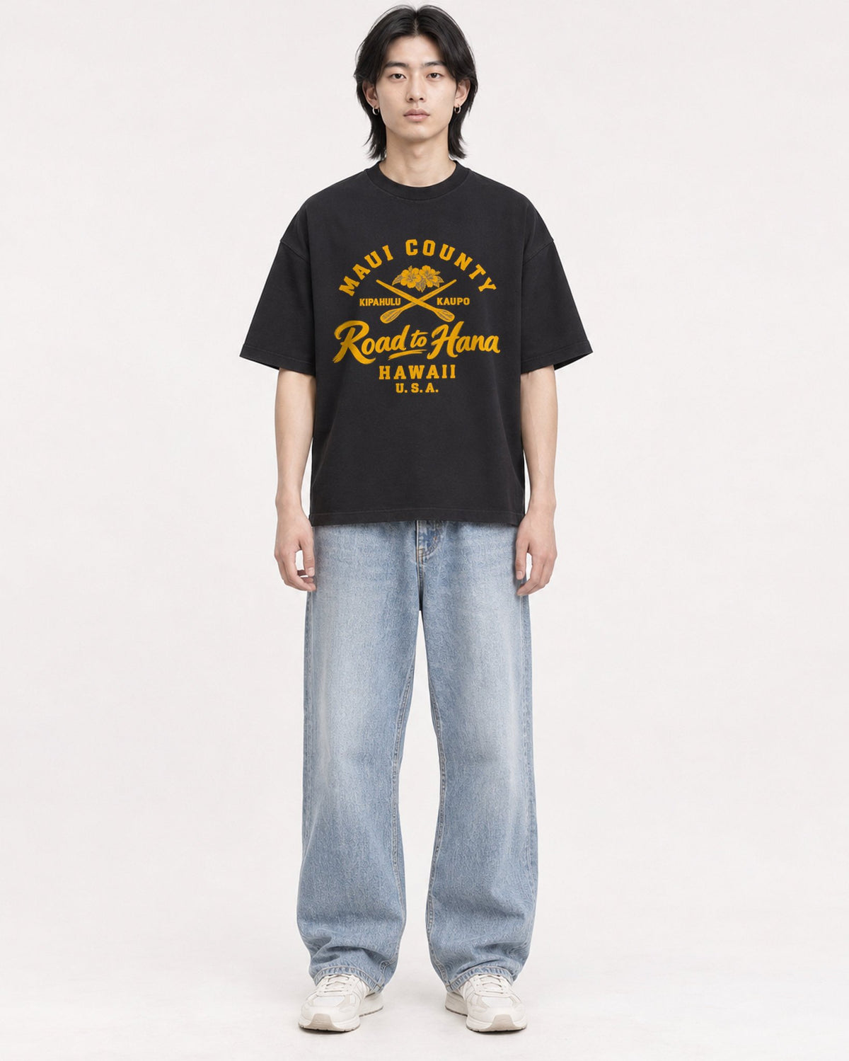 Mockup Boxy Heavyweight Tee Black male full-body 41