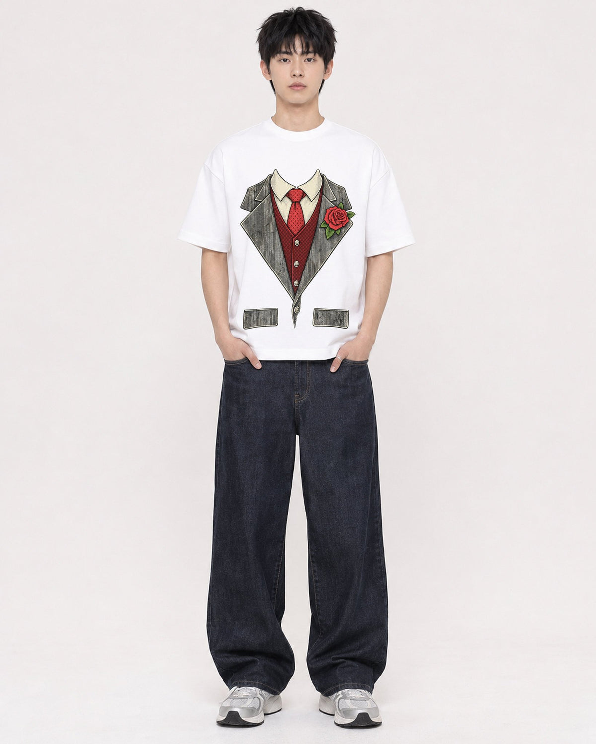 Mockup Boxy Heavyweight Tee White male full-body 01