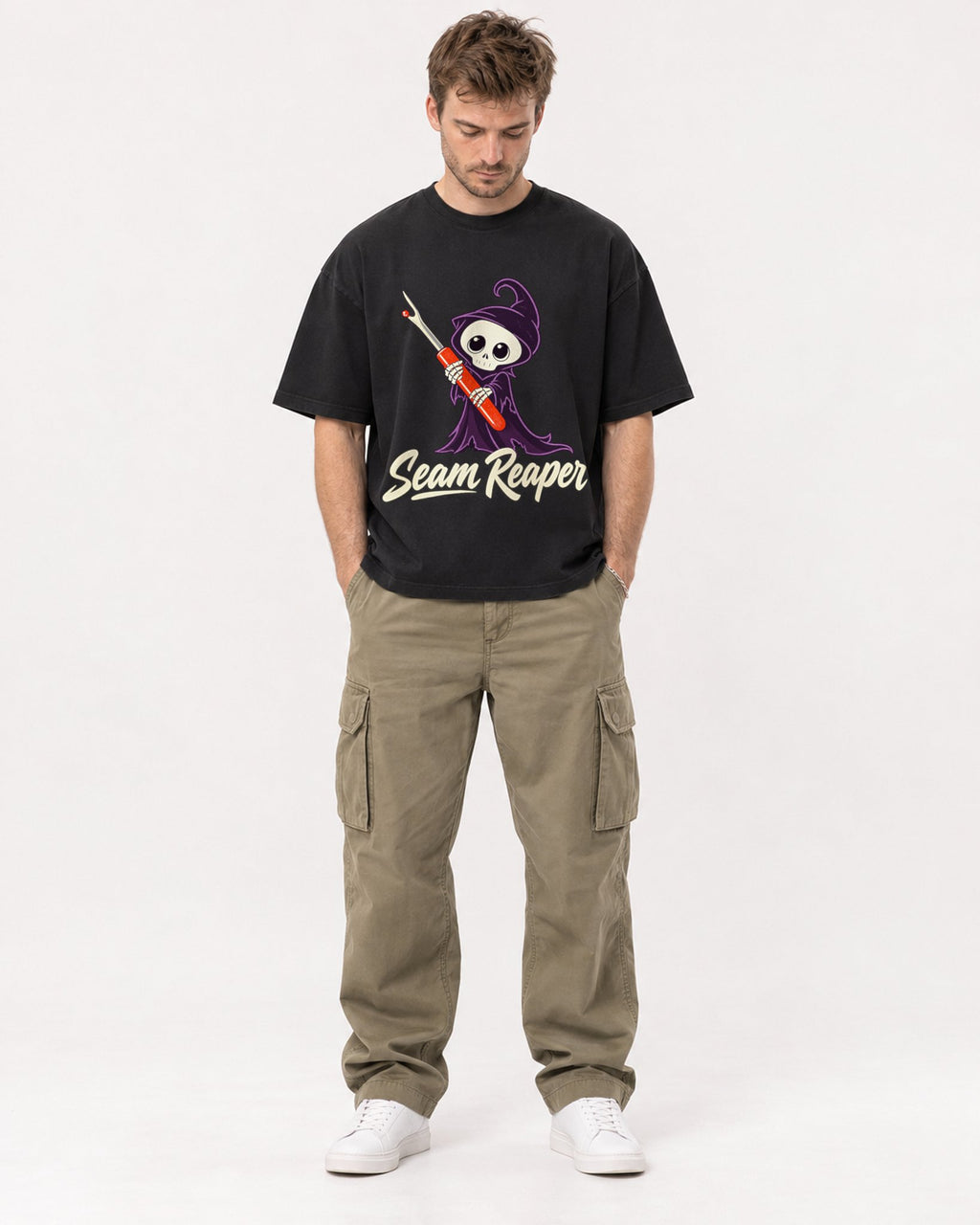 Mockup Boxy Heavyweight Tee Black male full-body 08