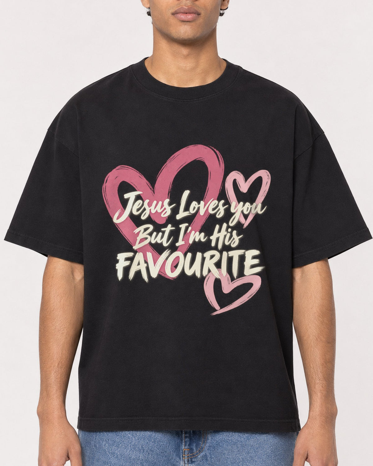 Mockup Boxy Heavyweight Tee Black male close-up 10