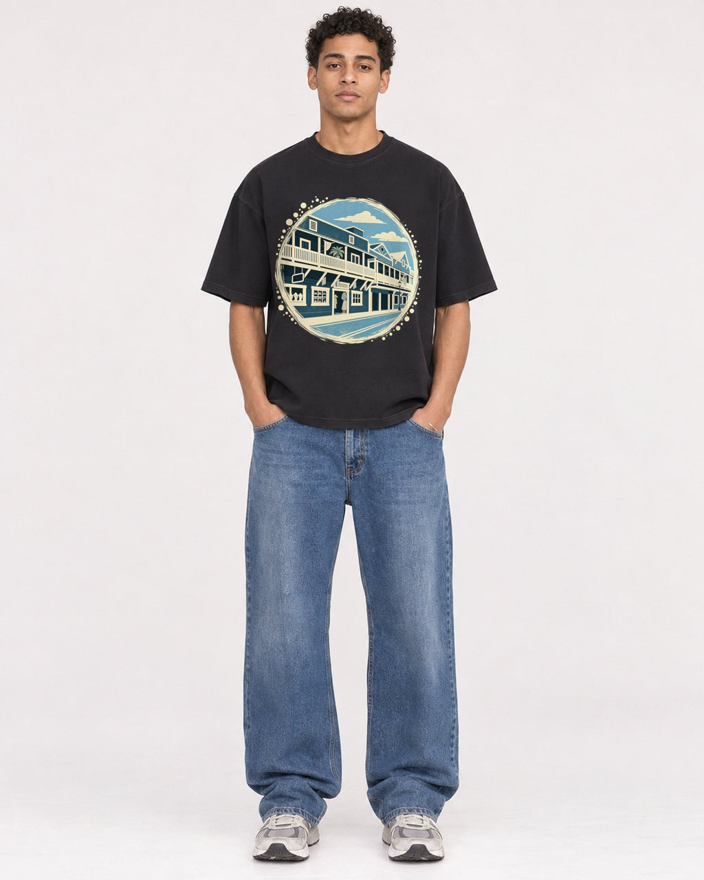 Mockup Boxy Heavyweight Tee Black male full-body 10