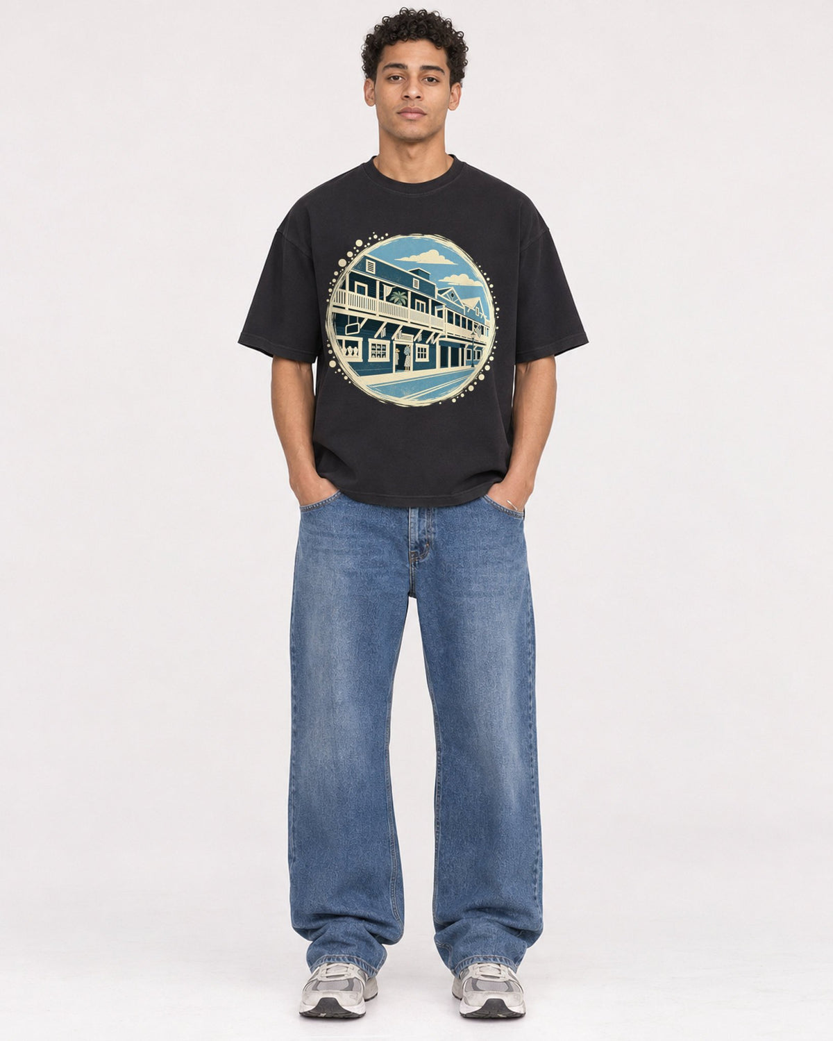 Mockup Boxy Heavyweight Tee Black male full-body 10