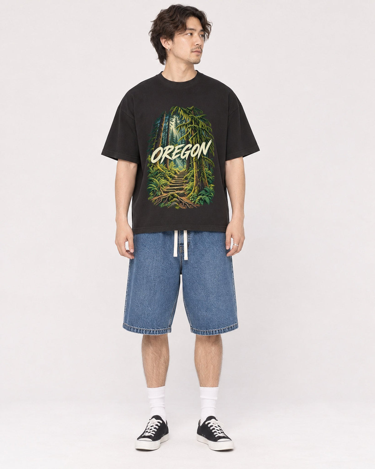 Mockup Boxy Heavyweight Tee Black male full-body 03