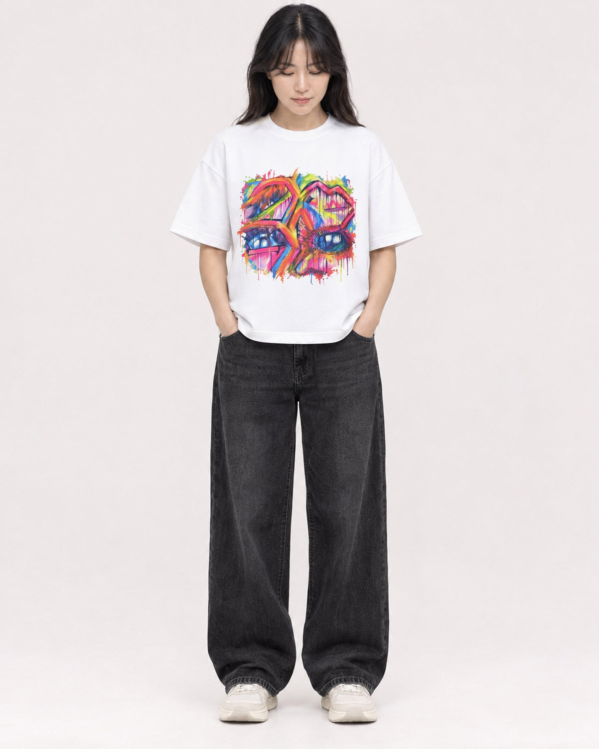 Mockup Boxy Heavyweight Tee White female full-body 13