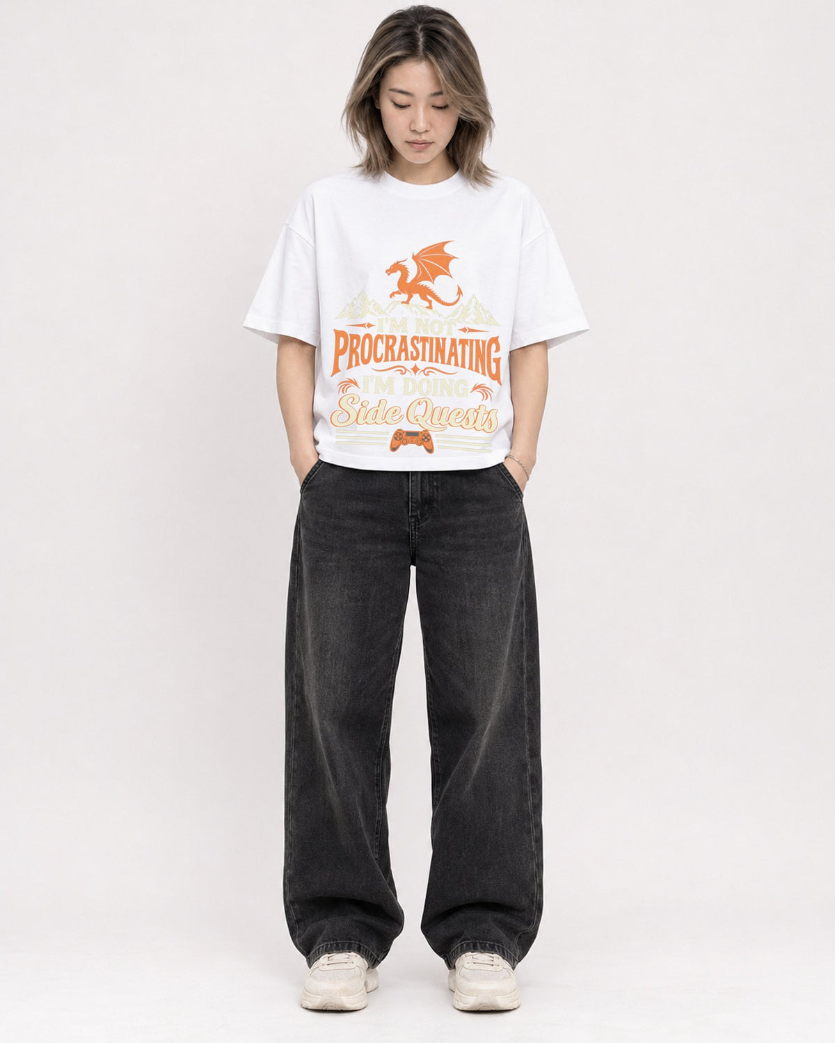 Mockup Boxy Heavyweight Tee White female full-body 33