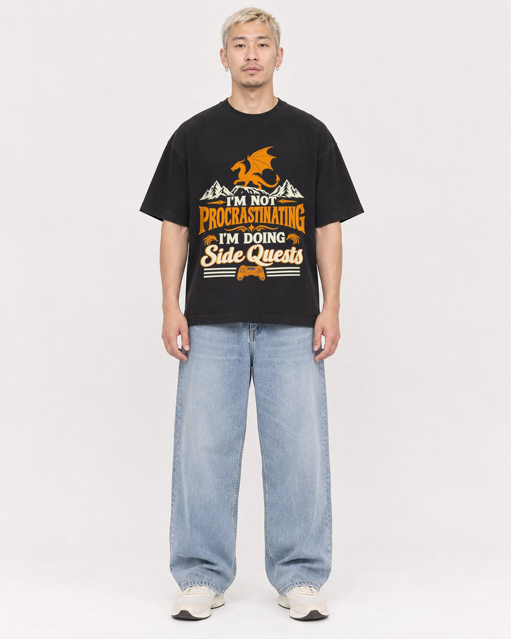 Mockup Boxy Heavyweight Tee Black male full-body 33