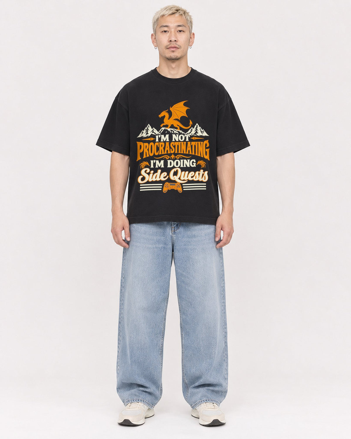 Mockup Boxy Heavyweight Tee Black male full-body 33