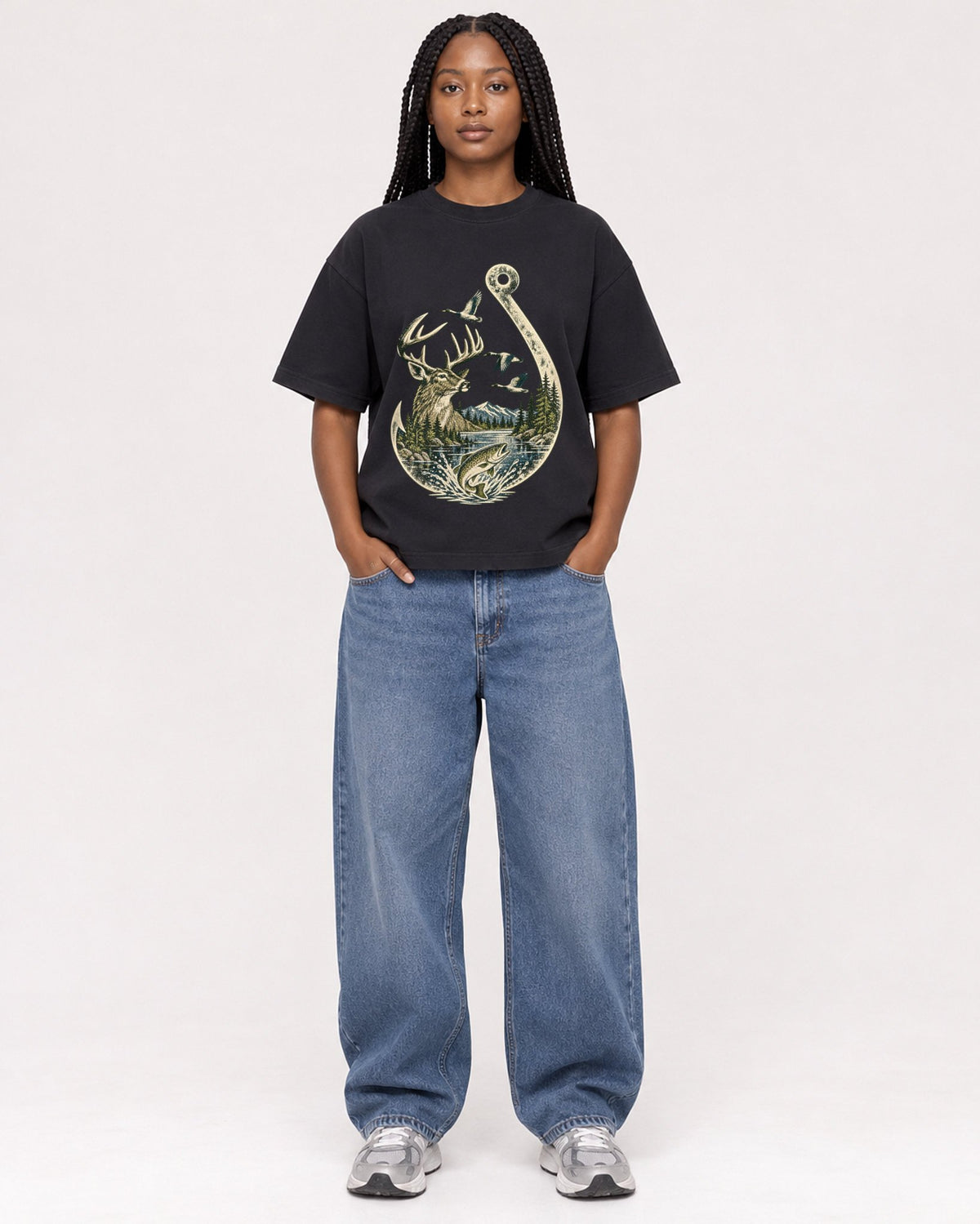 Mockup Boxy Heavyweight Tee Black female full-body 04