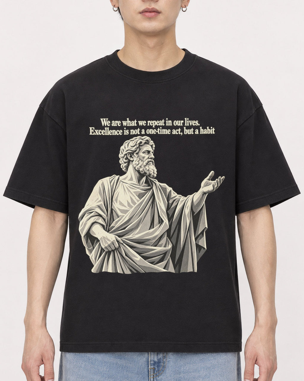Mockup Boxy Heavyweight Tee Black male close-up 01