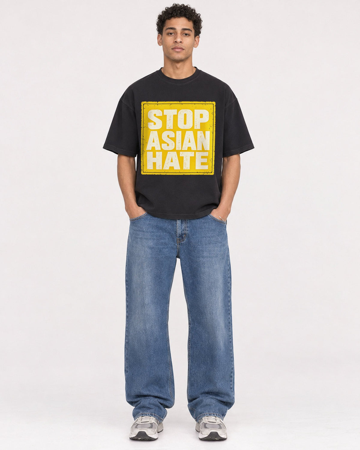 Mockup Boxy Heavyweight Tee Black male full-body 10