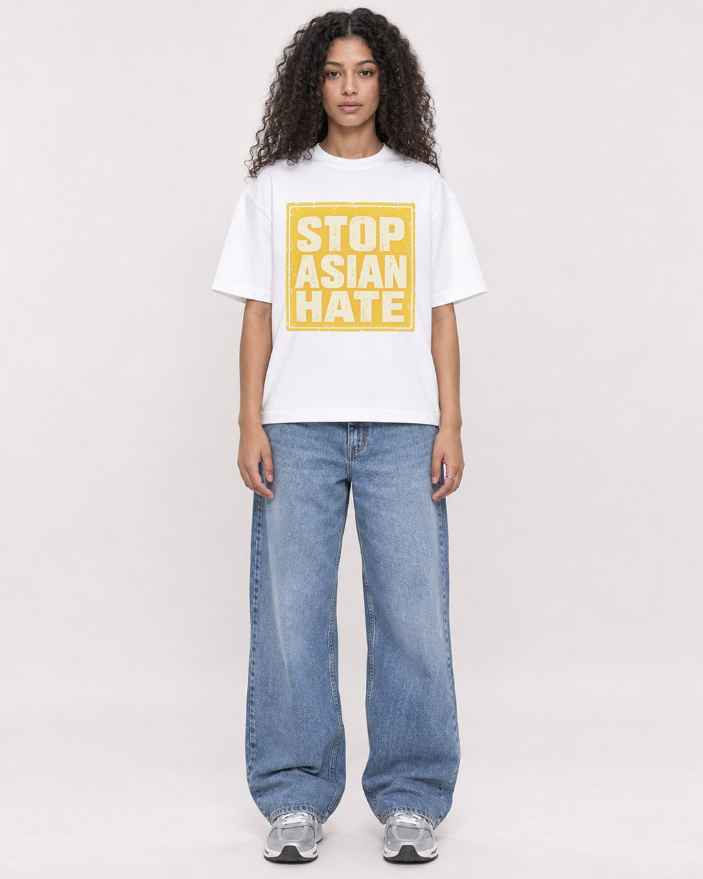 Mockup Boxy Heavyweight Tee White female full-body 10