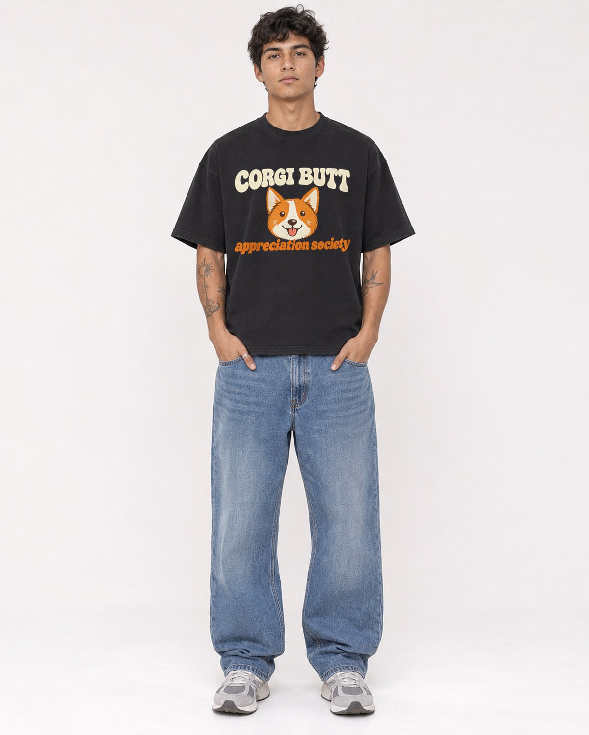 Mockup Boxy Heavyweight Tee Black male full-body 06