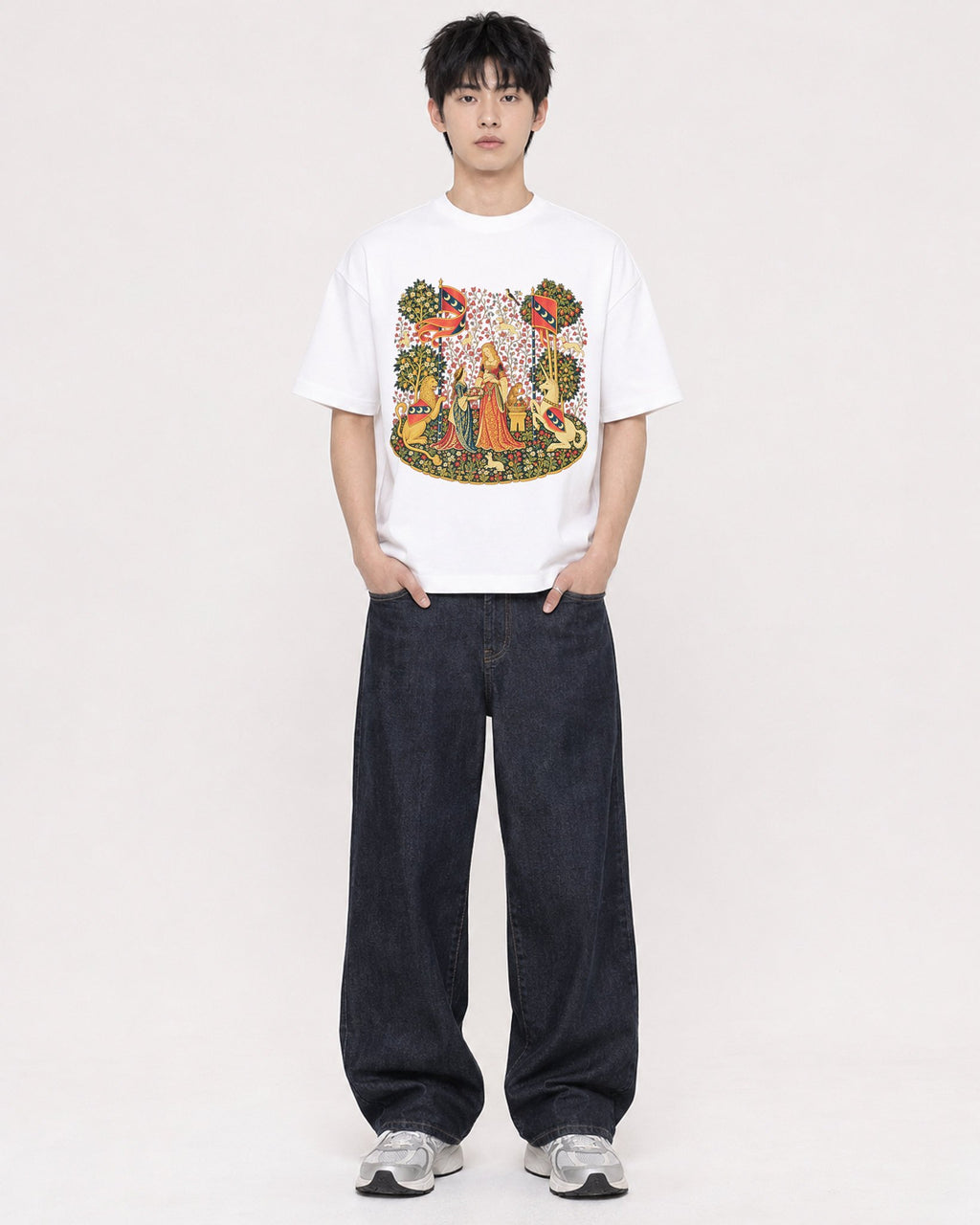 Mockup Boxy Heavyweight Tee White male full-body 01