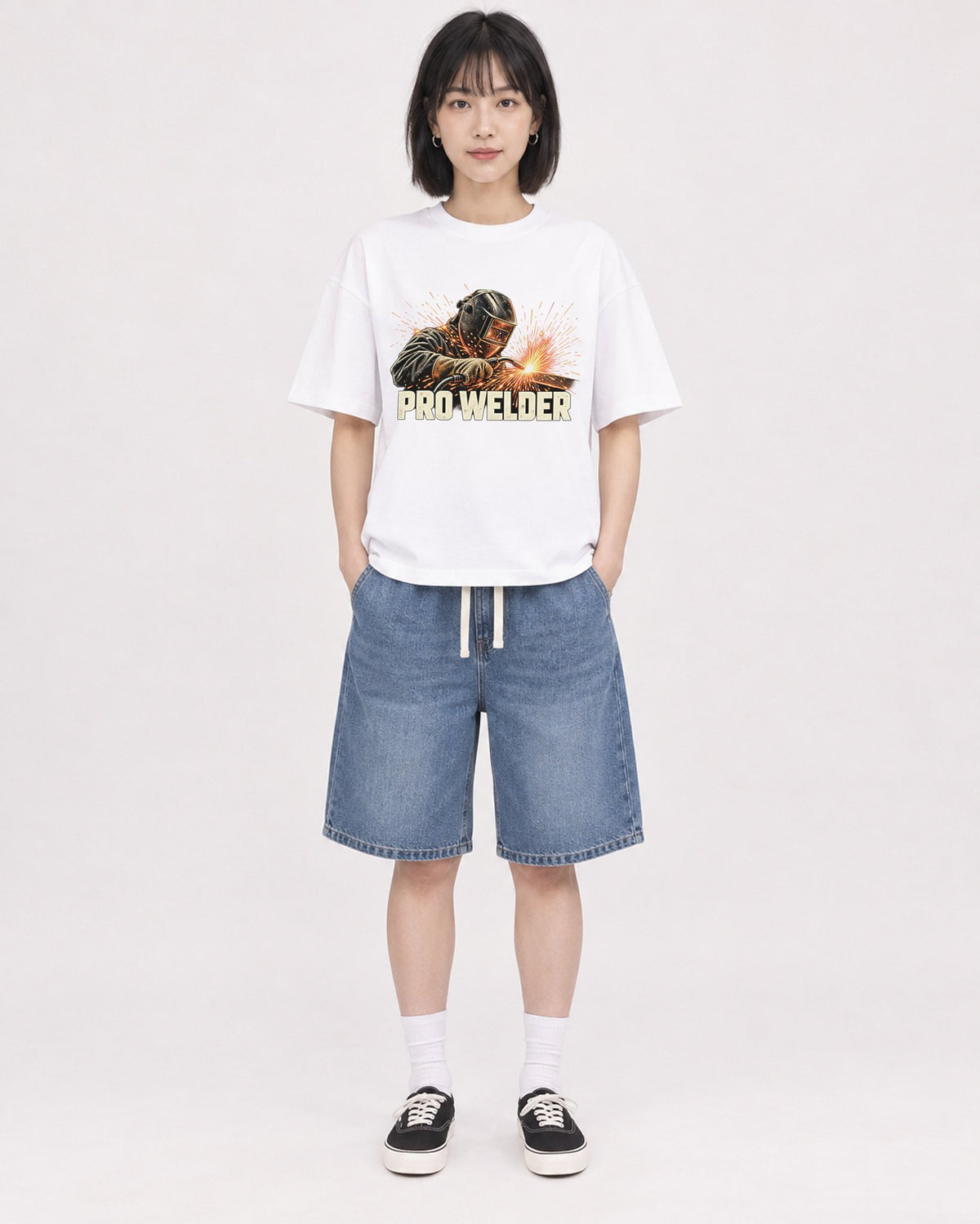 Mockup Boxy Heavyweight Tee White female full-body 11