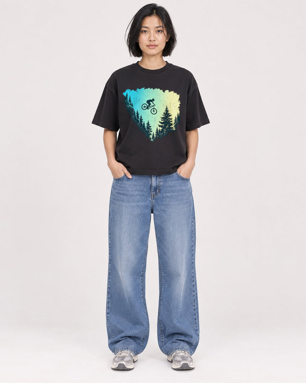 Mockup Boxy Heavyweight Tee Black female full-body 32