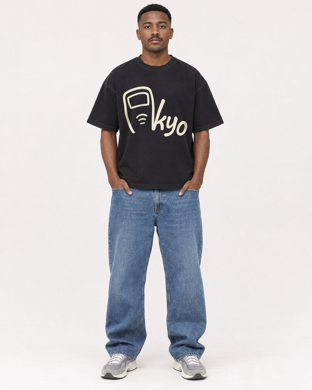 Mockup Boxy Heavyweight Tee Black male full-body 14