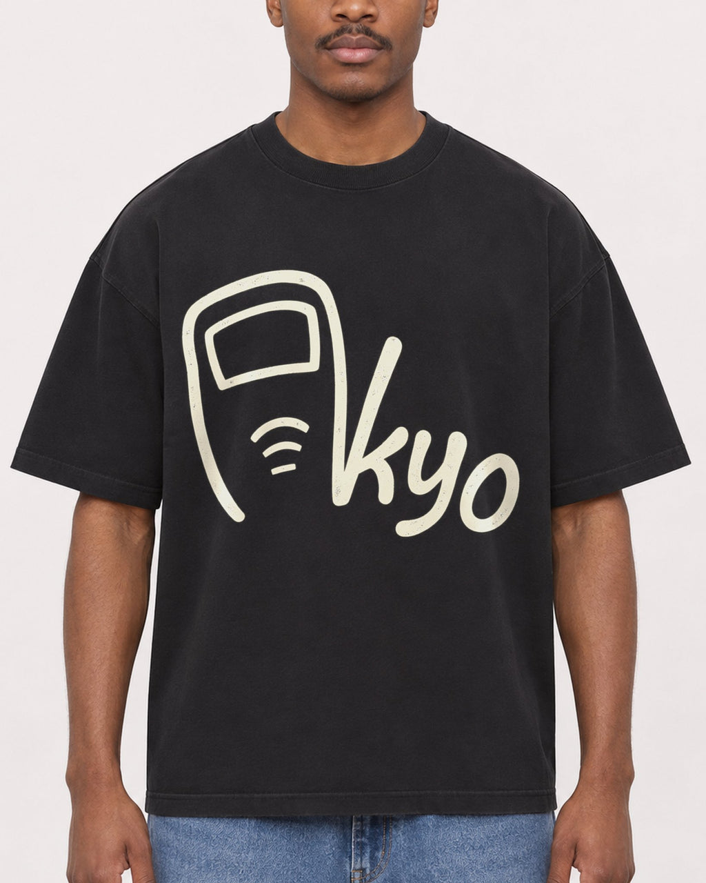 Mockup Boxy Heavyweight Tee Black male close-up 14