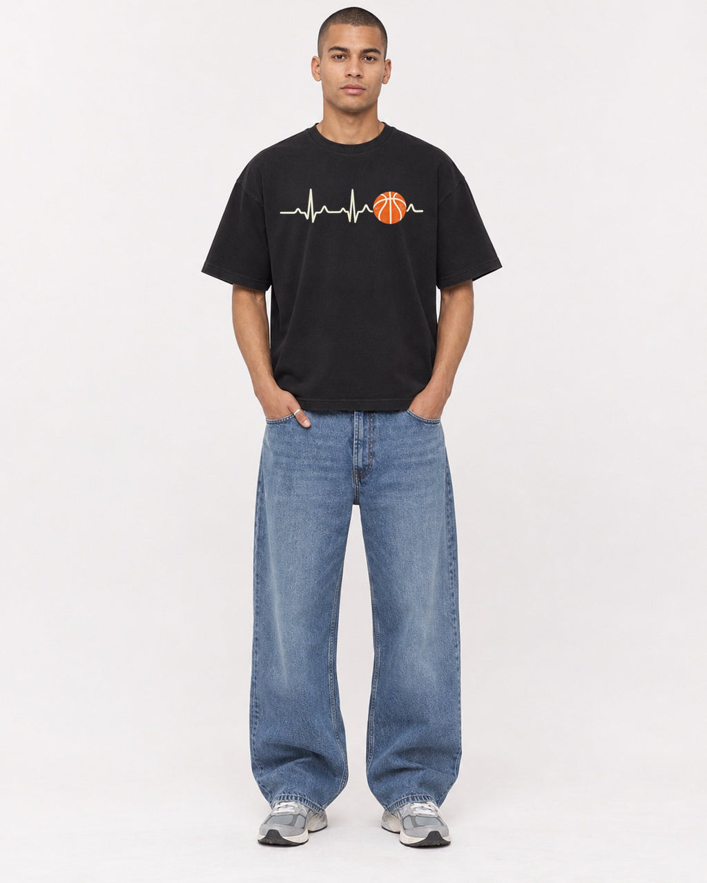 Mockup Boxy Heavyweight Tee Black male full-body 50