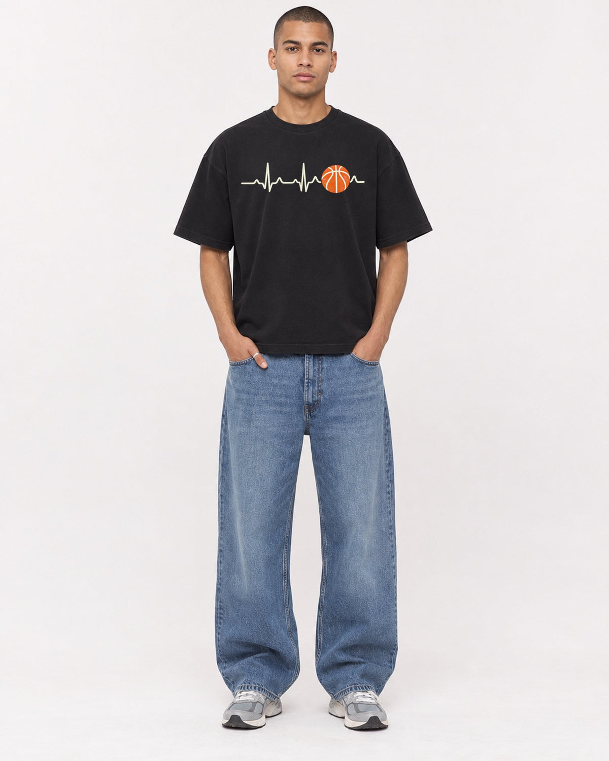 Mockup Boxy Heavyweight Tee Black male full-body 50