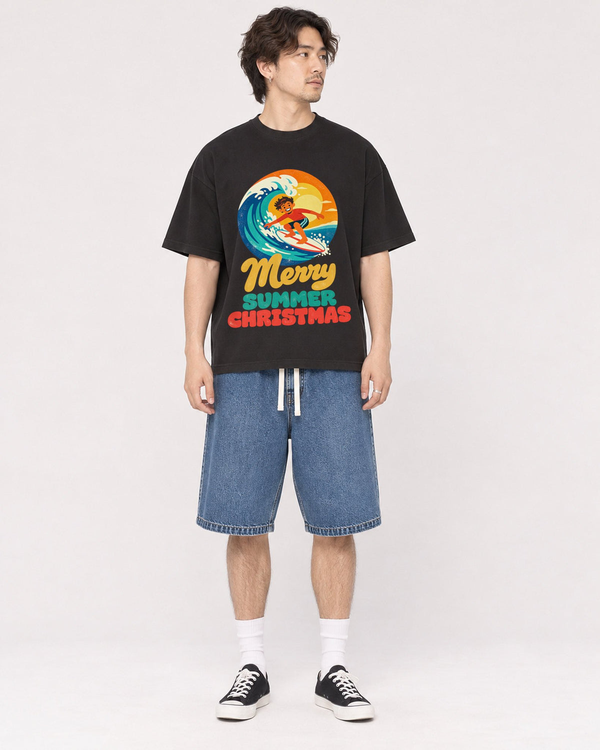 Mockup Boxy Heavyweight Tee Black male full-body 03