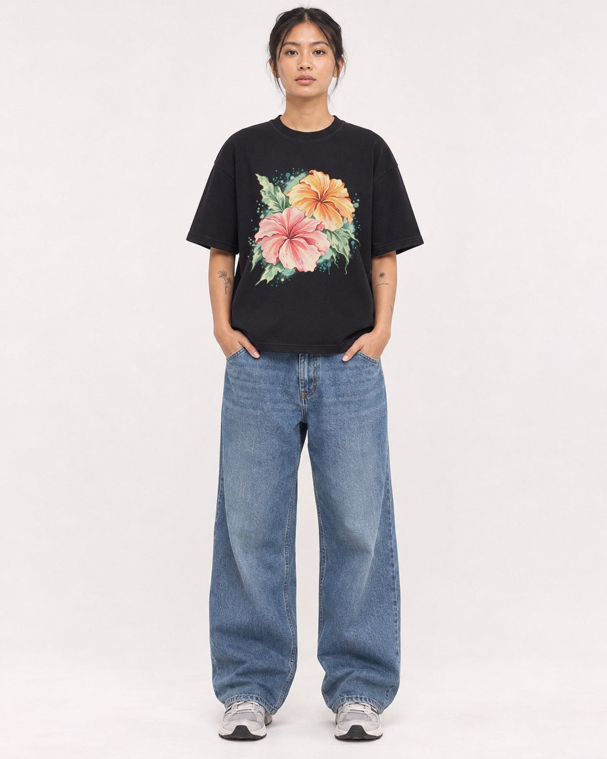 Mockup Boxy Heavyweight Tee Black female full-body 12