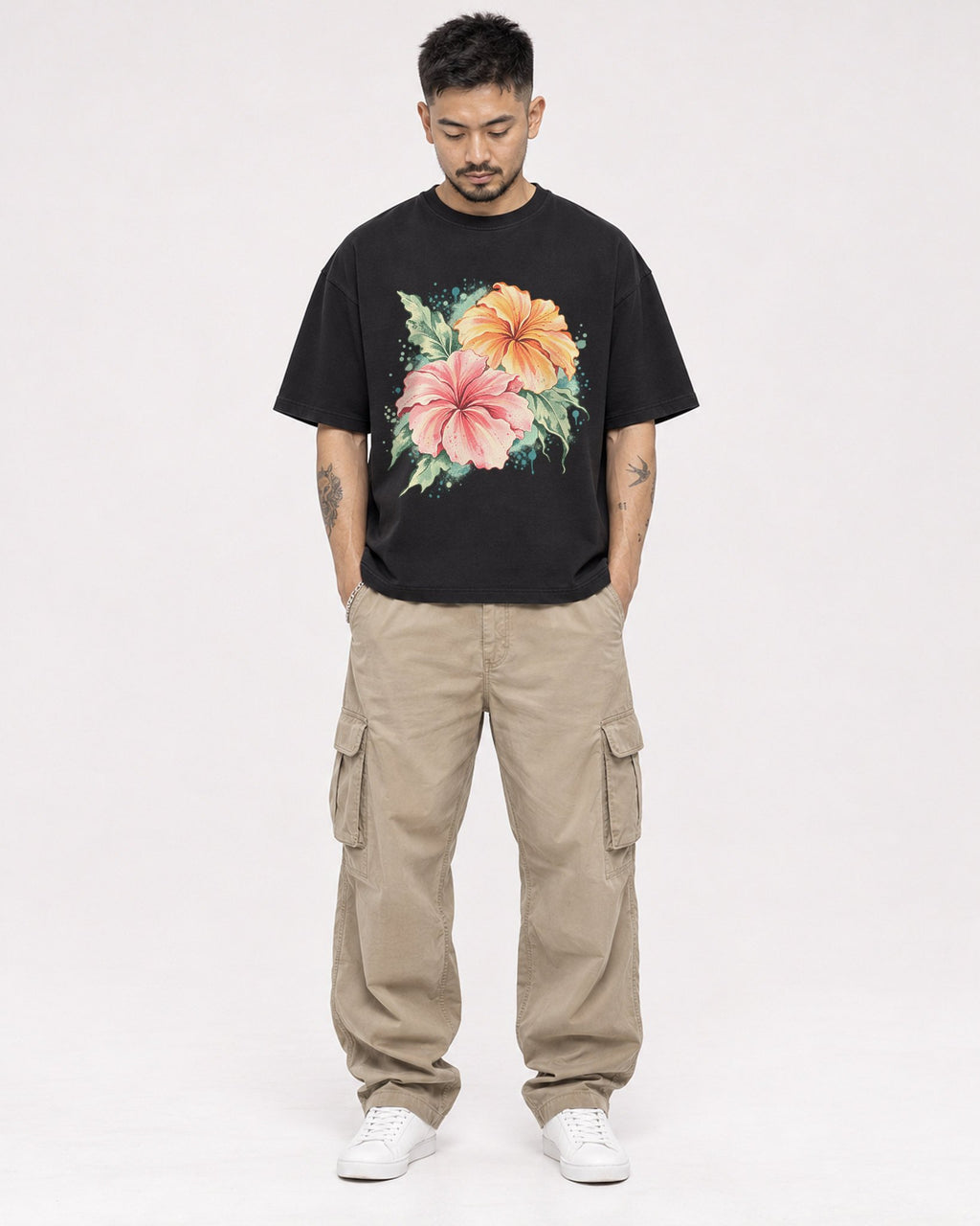 Mockup Boxy Heavyweight Tee Black male full-body 12