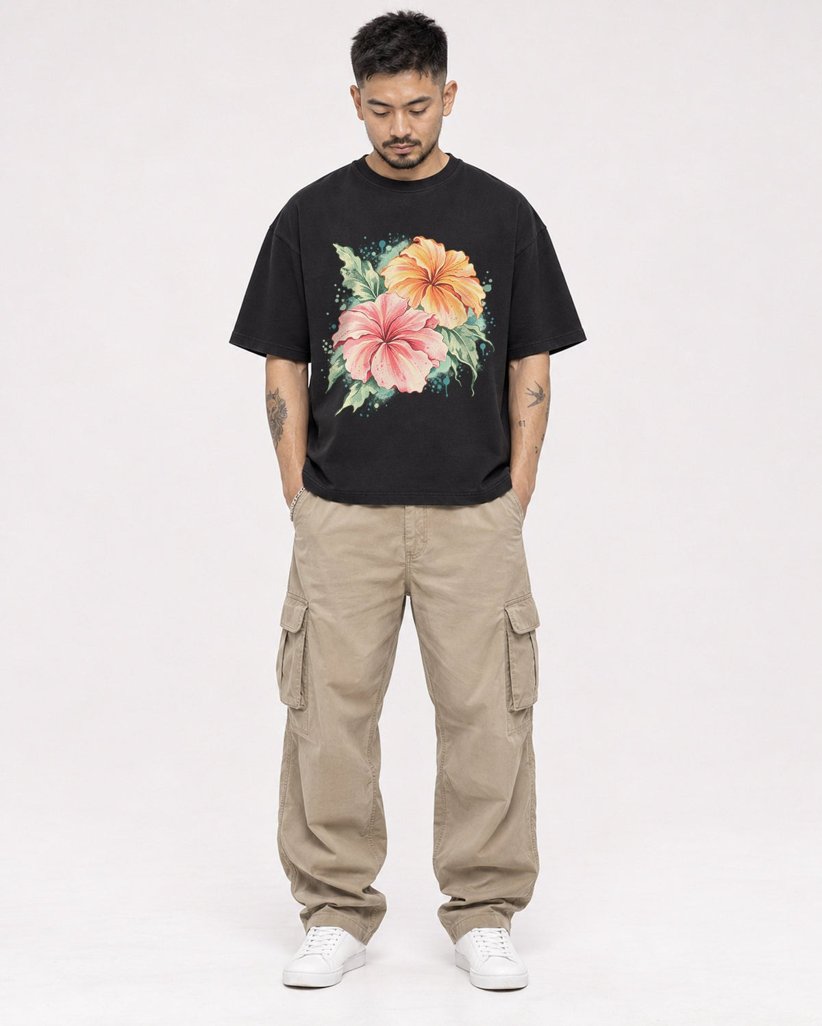 Mockup Boxy Heavyweight Tee Black male full-body 12