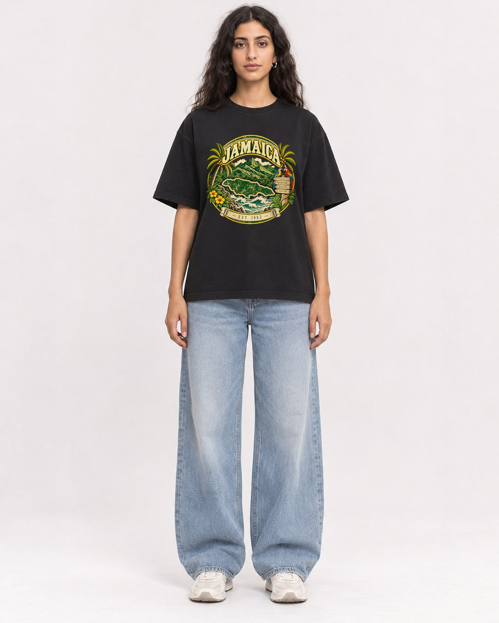 Mockup Boxy Heavyweight Tee Black female full-body 07