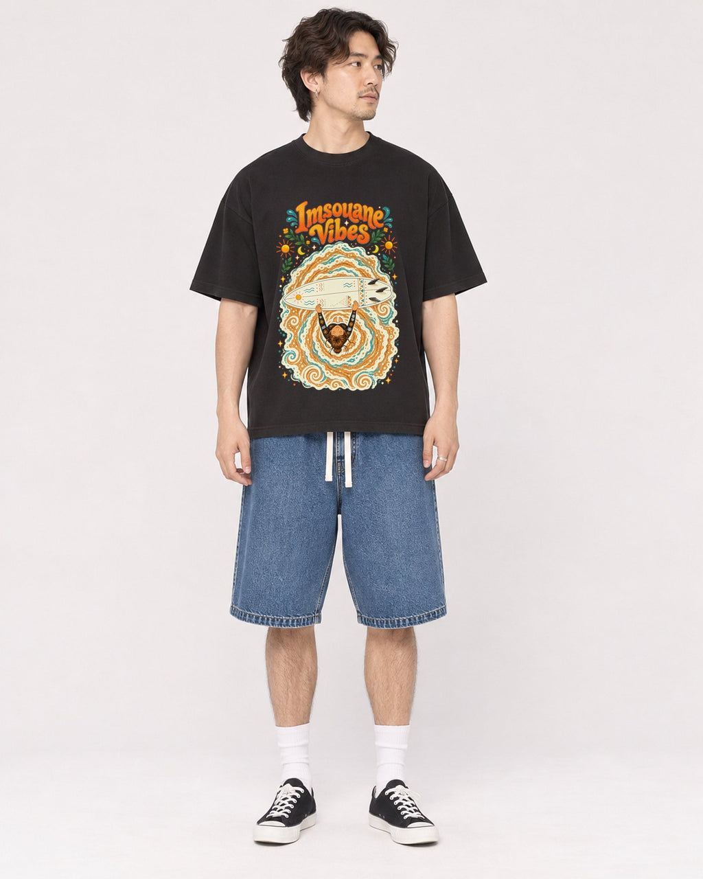 Mockup Boxy Heavyweight Tee Black male full-body 03