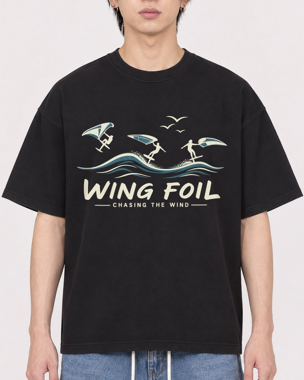 Mockup Boxy Heavyweight Tee Black male close-up 11