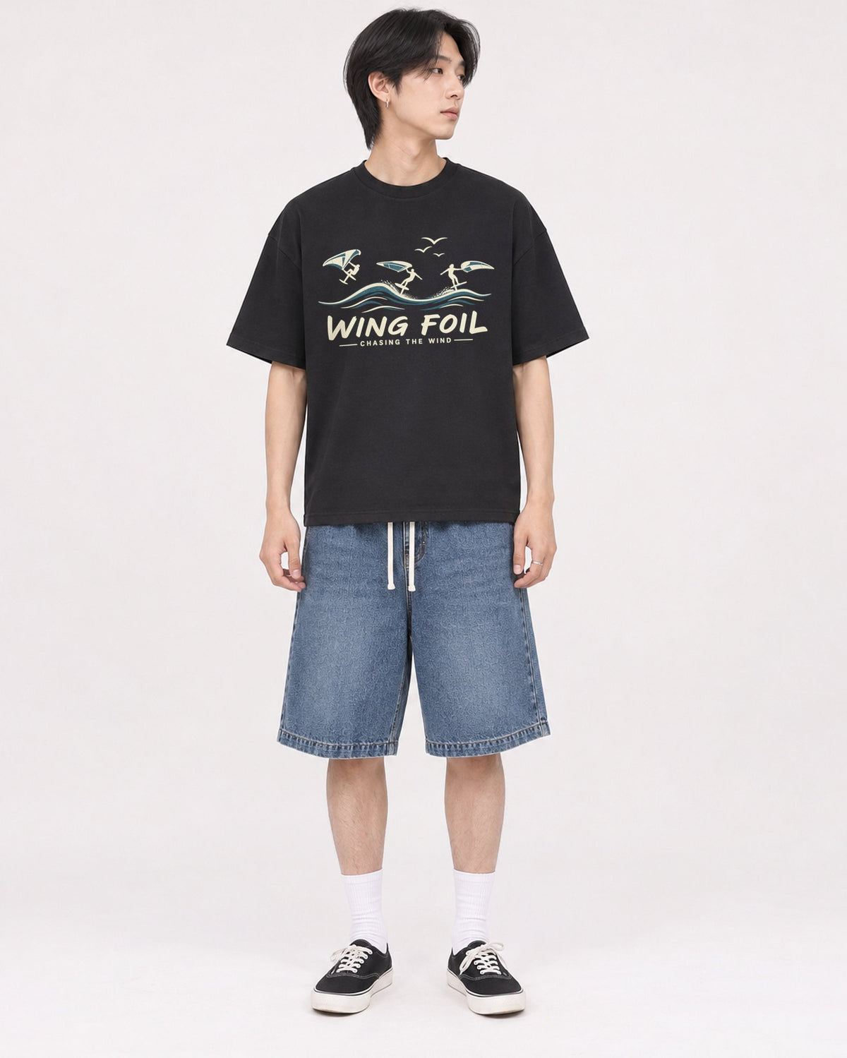 Mockup Boxy Heavyweight Tee Black male full-body 11
