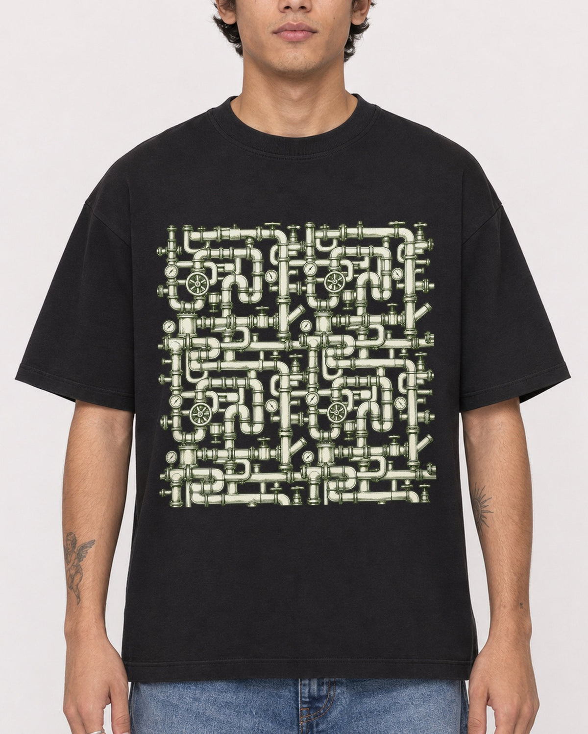 Mockup Boxy Heavyweight Tee Black male close-up 06