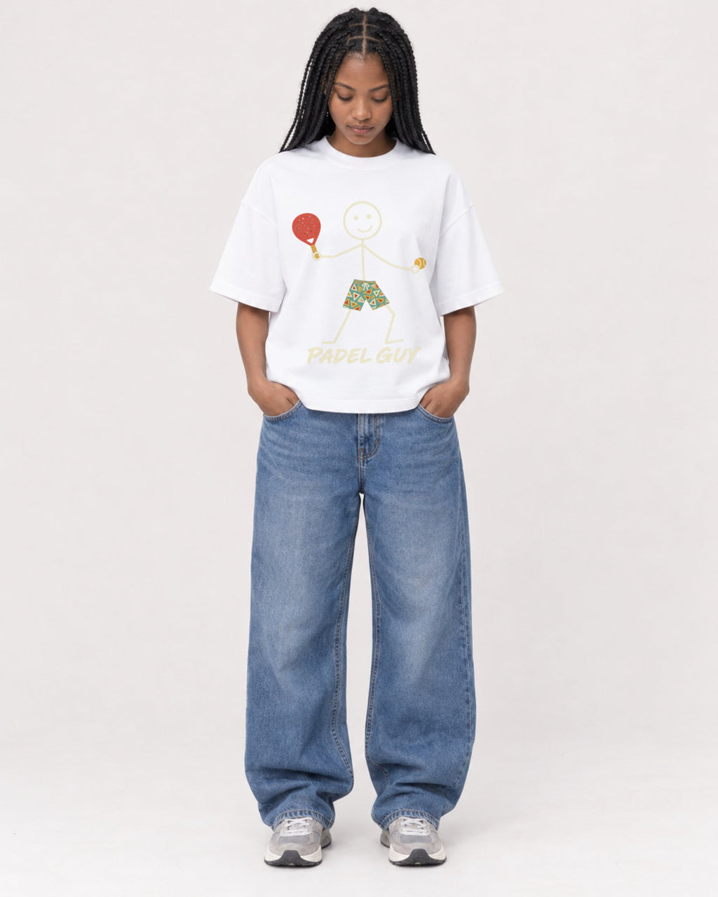 Mockup Boxy Heavyweight Tee White female full-body 45