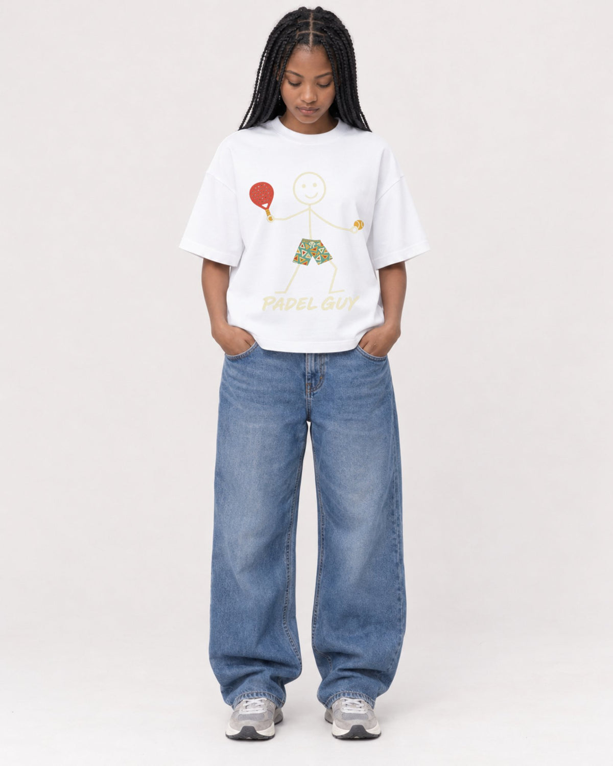 Mockup Boxy Heavyweight Tee White female full-body 45