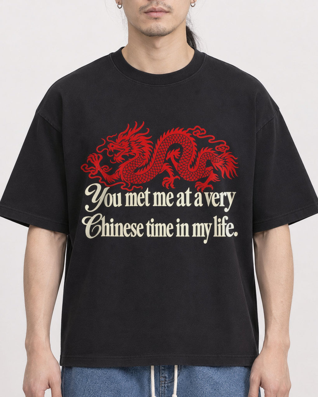 Mockup Boxy Heavyweight Tee Black male close-up 43