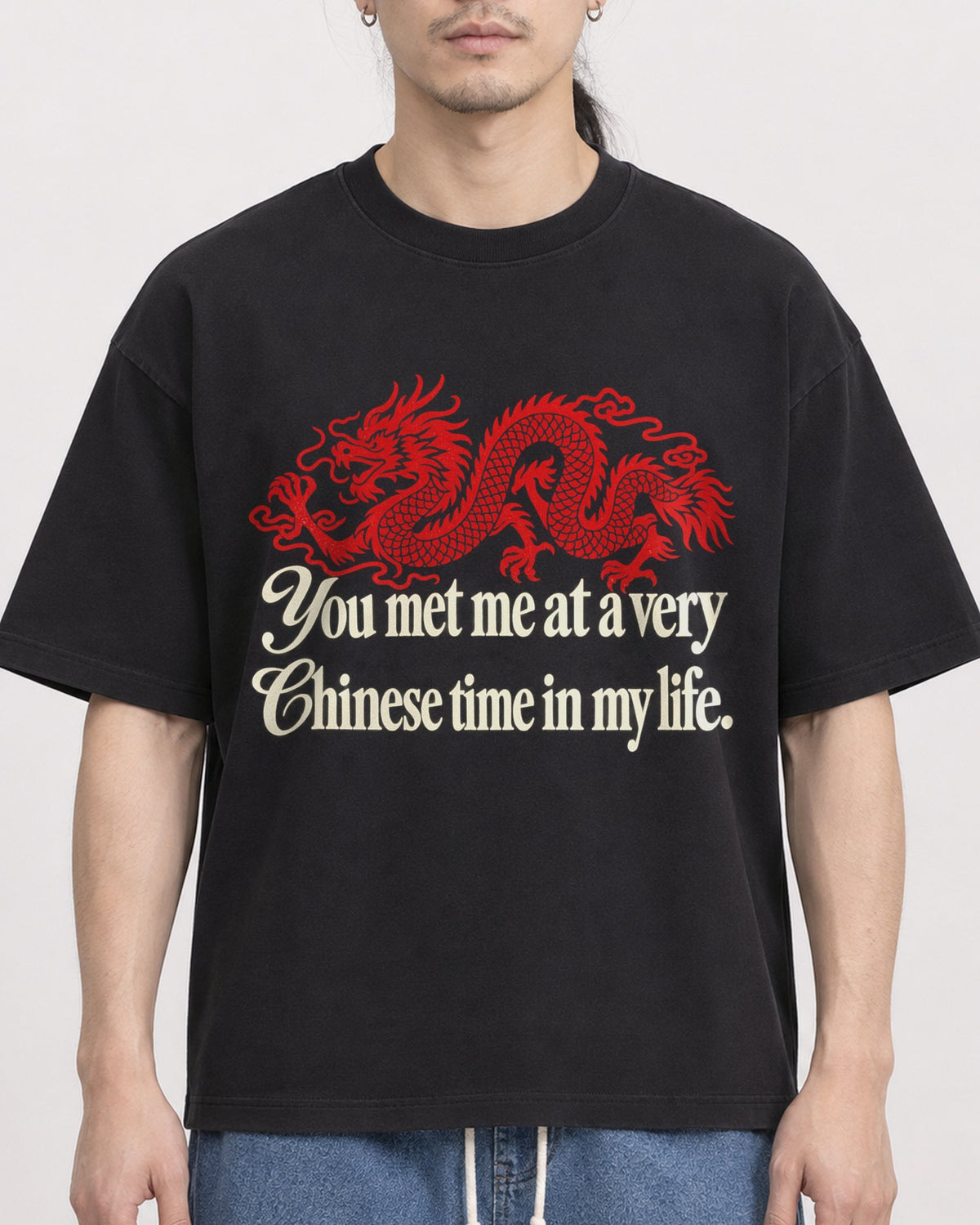 Mockup Boxy Heavyweight Tee Black male close-up 43