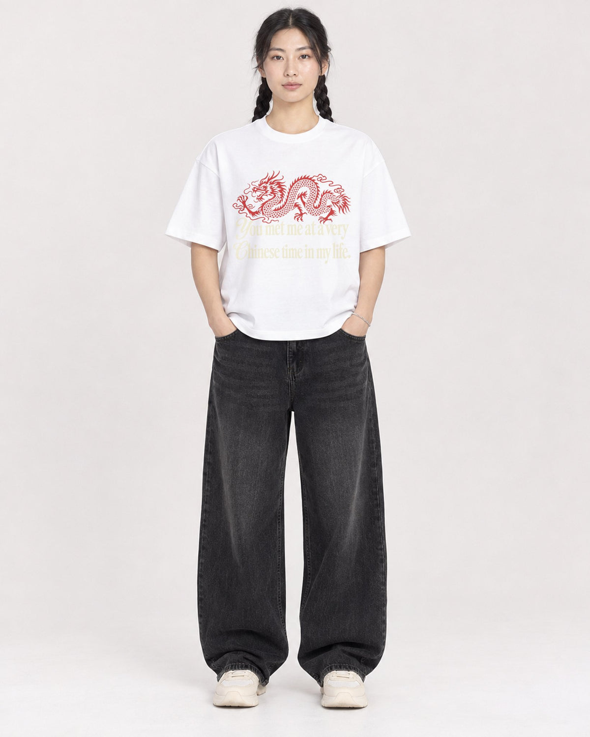 Mockup Boxy Heavyweight Tee White female full-body 43