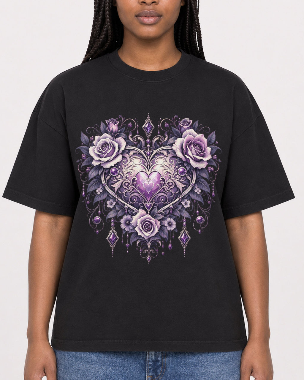 Mockup Boxy Heavyweight Tee Black female close-up 04