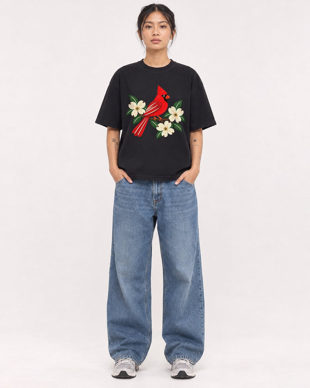 Mockup Boxy Heavyweight Tee Black female full-body 12