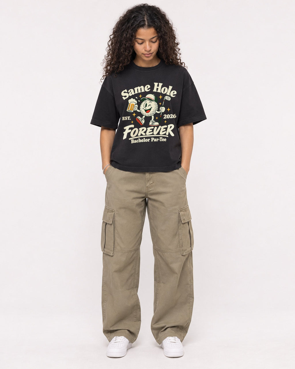 Mockup Boxy Heavyweight Tee Black female full-body 10