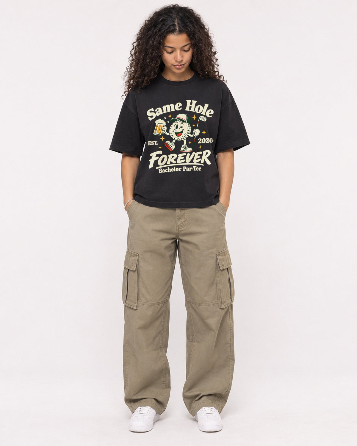 Mockup Boxy Heavyweight Tee Black female full-body 10