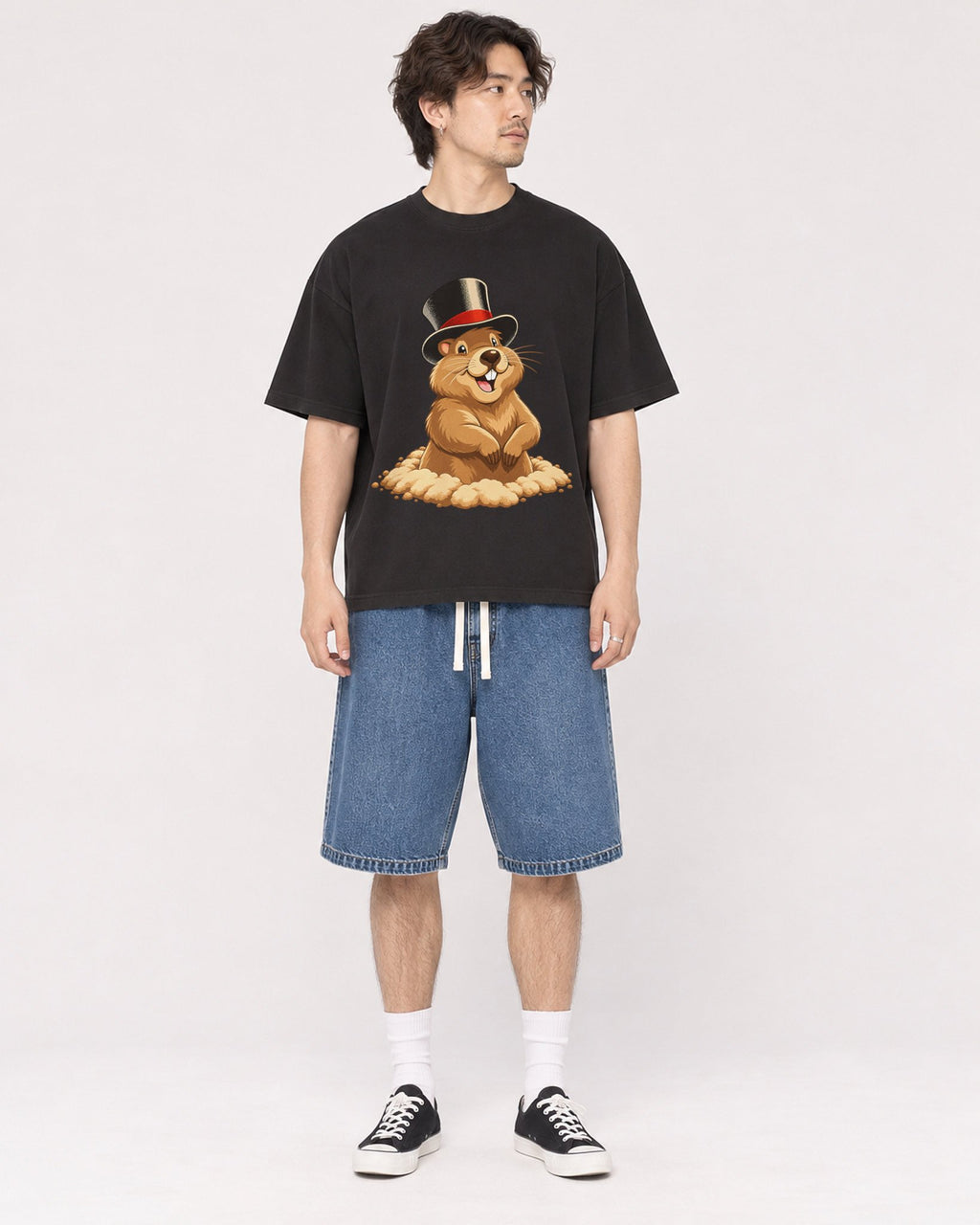 Mockup Boxy Heavyweight Tee Black male full-body 03